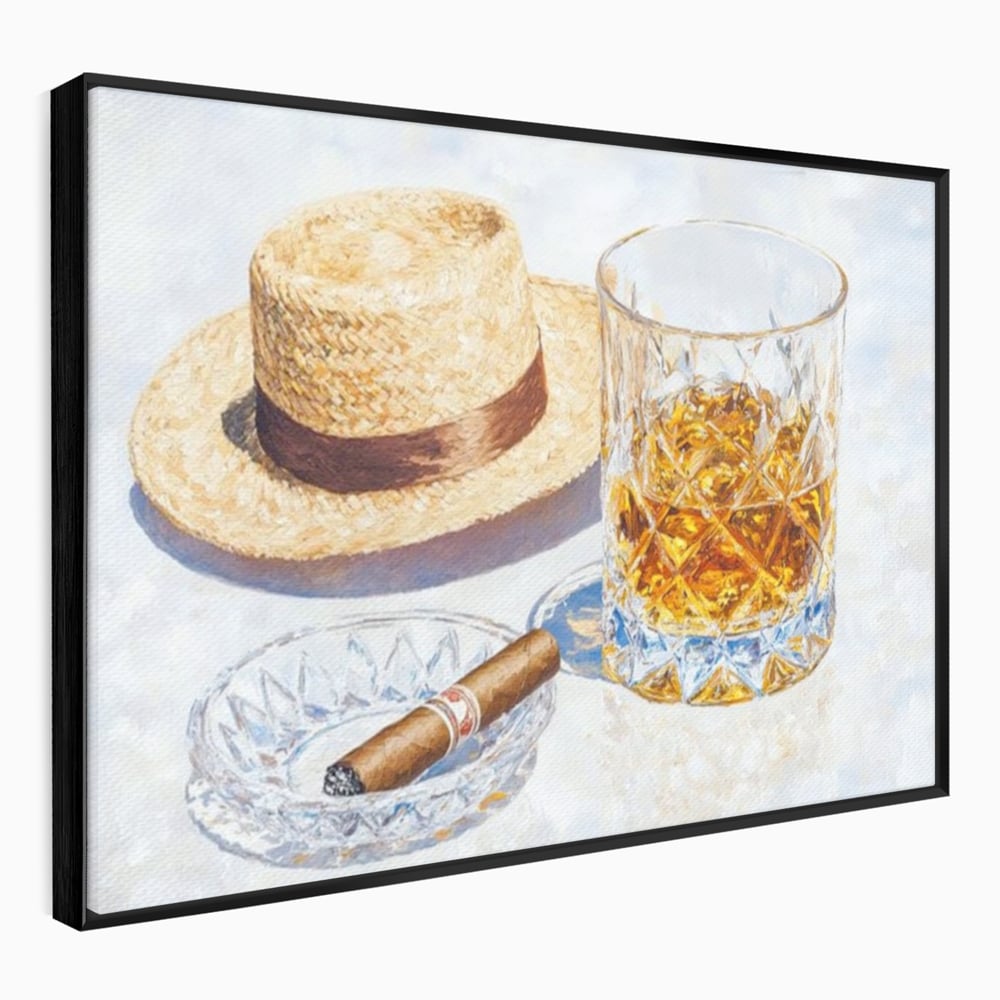 Tablou canvas cu natura statica cu palarie si pahar de whisky, in rama de aluminiu negru